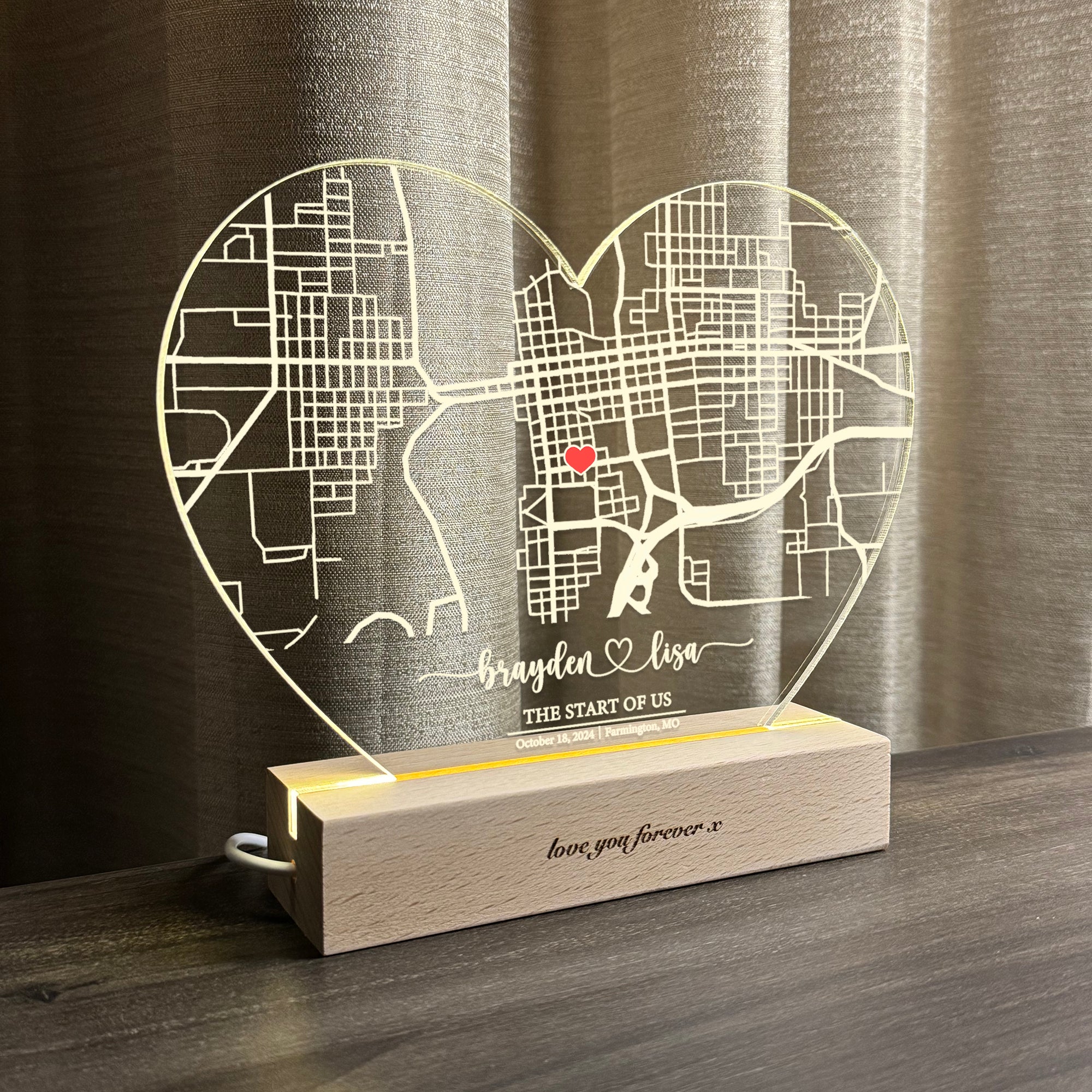 Custom Location Map Acrylic Night Light (HEART02)