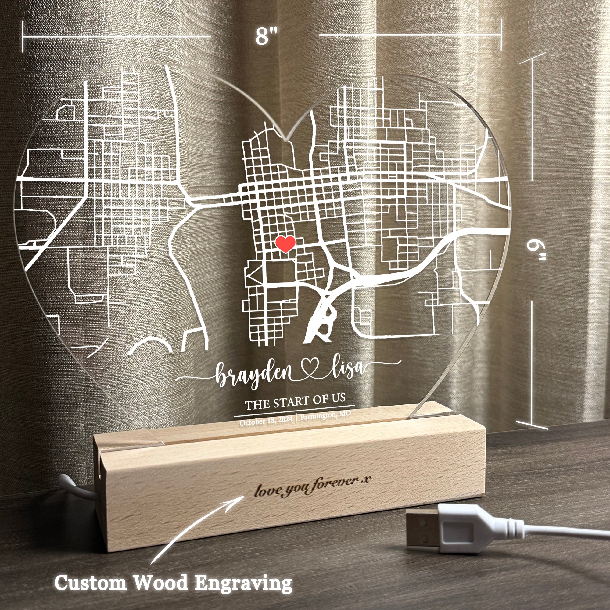 Custom Location Map Acrylic Night Light (HEART02)