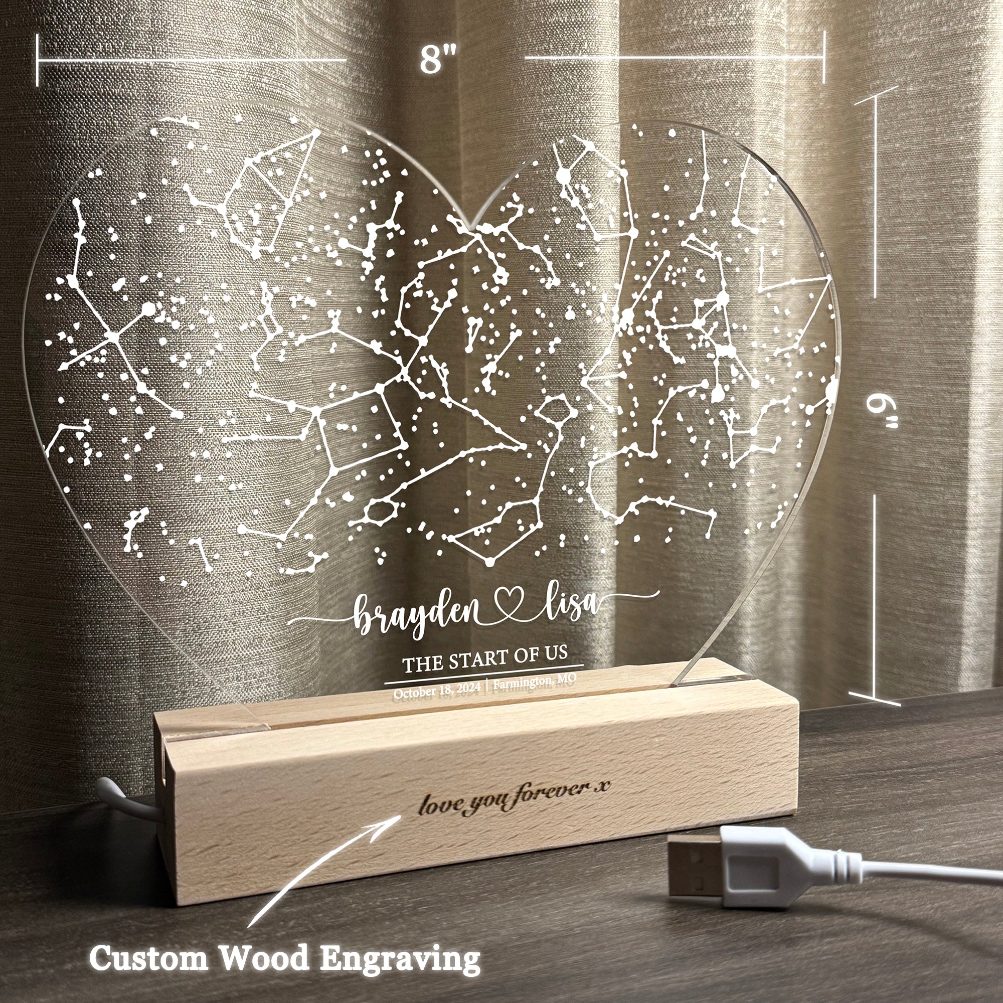 Personalized Night Sky Star Map by Date – Custom Constellation Print & Night Light (HEART01)