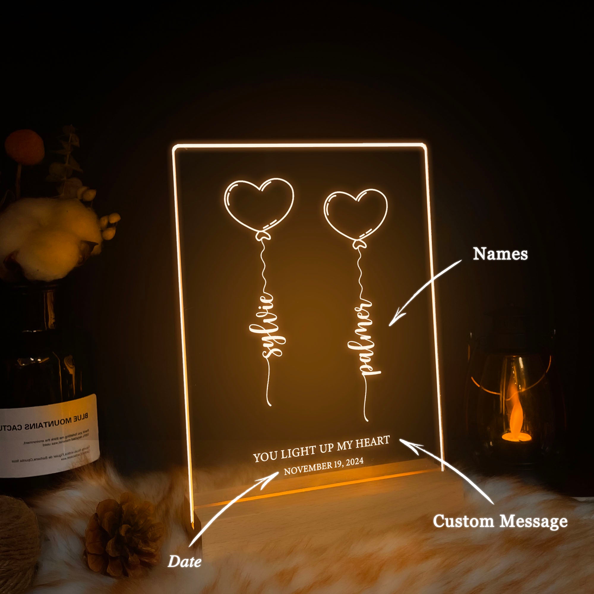 Personalized Heart Balloon LED Acrylic Night Light (NNV08)