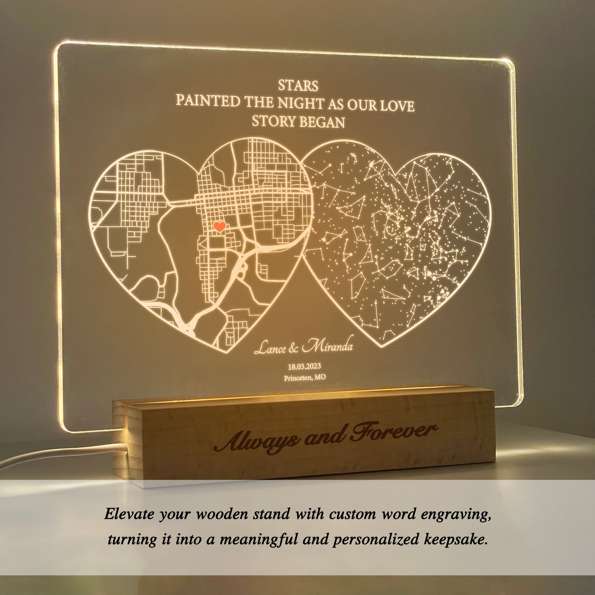 Personalized Custom Map and Star Map Acrylic Night Light (STAR01I)