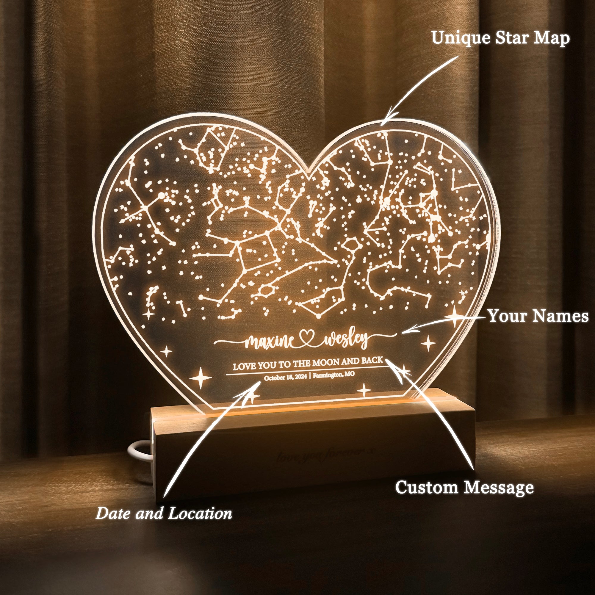 Personalized Night Sky Star Map by Date – Custom Constellation Print & Night Light (HEART03)