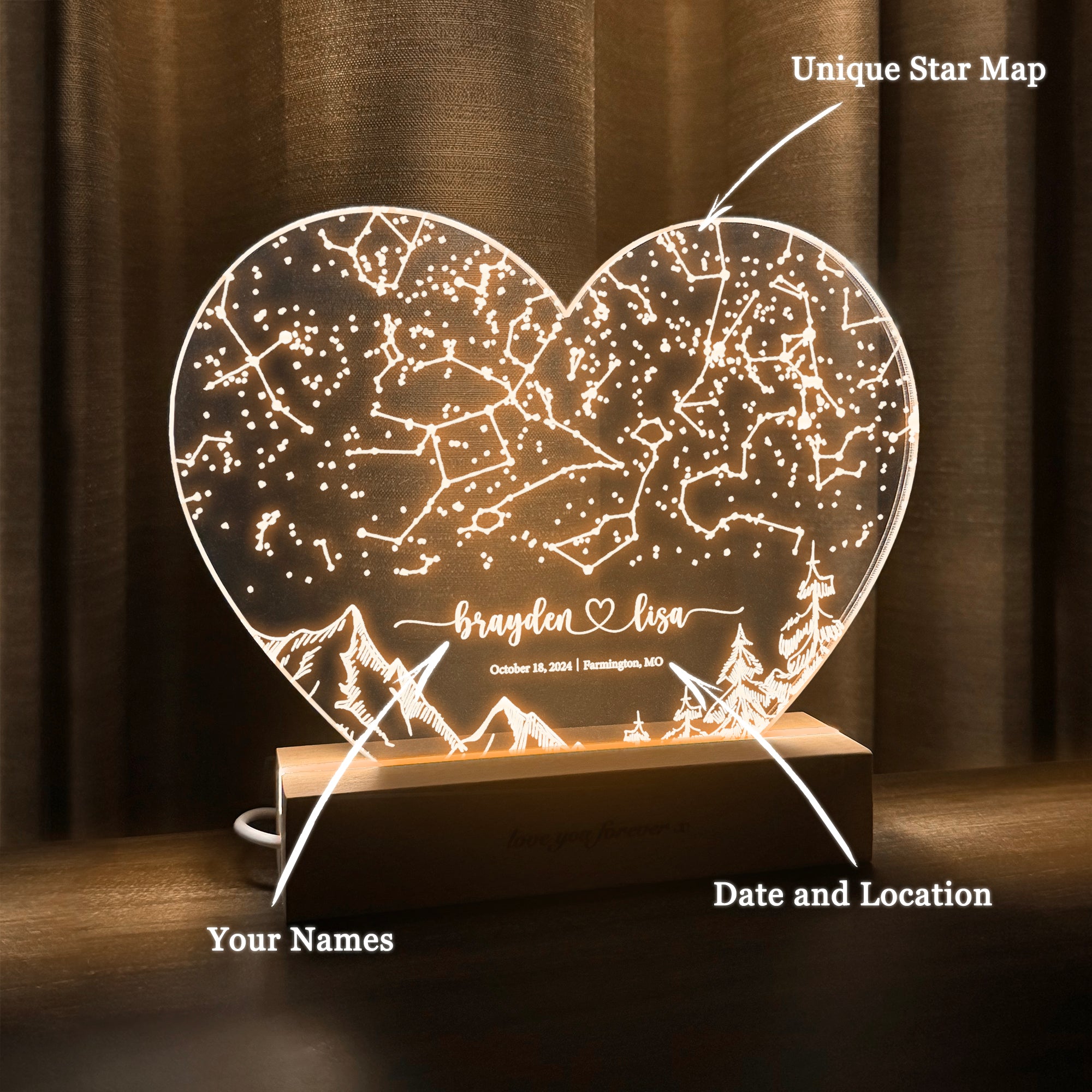 Personalized Night Sky Star Map by Date – Custom Constellation Print & Night Light (HEART04)