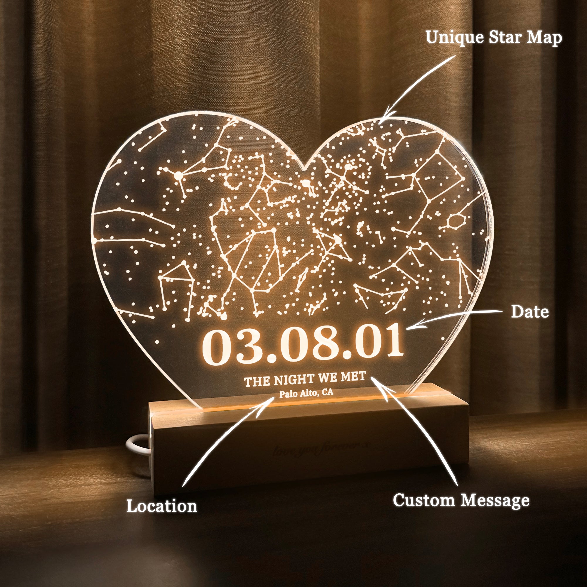 Personalized Night Sky Star Map by Date – Custom Constellation Print & Night Light (HEART06)